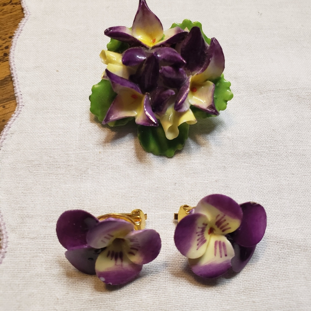 Vintage Pansy "Cara China" Porcelain Brooch And Clip-On Earrings